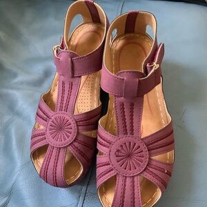 Women's Adjustable Plum T-Strap Sandals (Size 36 = 5-1/2 to 6 Medium)